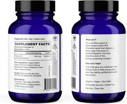 Ora Organic Vitamin B12 1500mcg - Plant-Based Methylcobalamin for Adults - Natural Stimulant-Free Energy, Raspberry Flavour Chewable Tablets, No Added Sugar - 30 Tablets