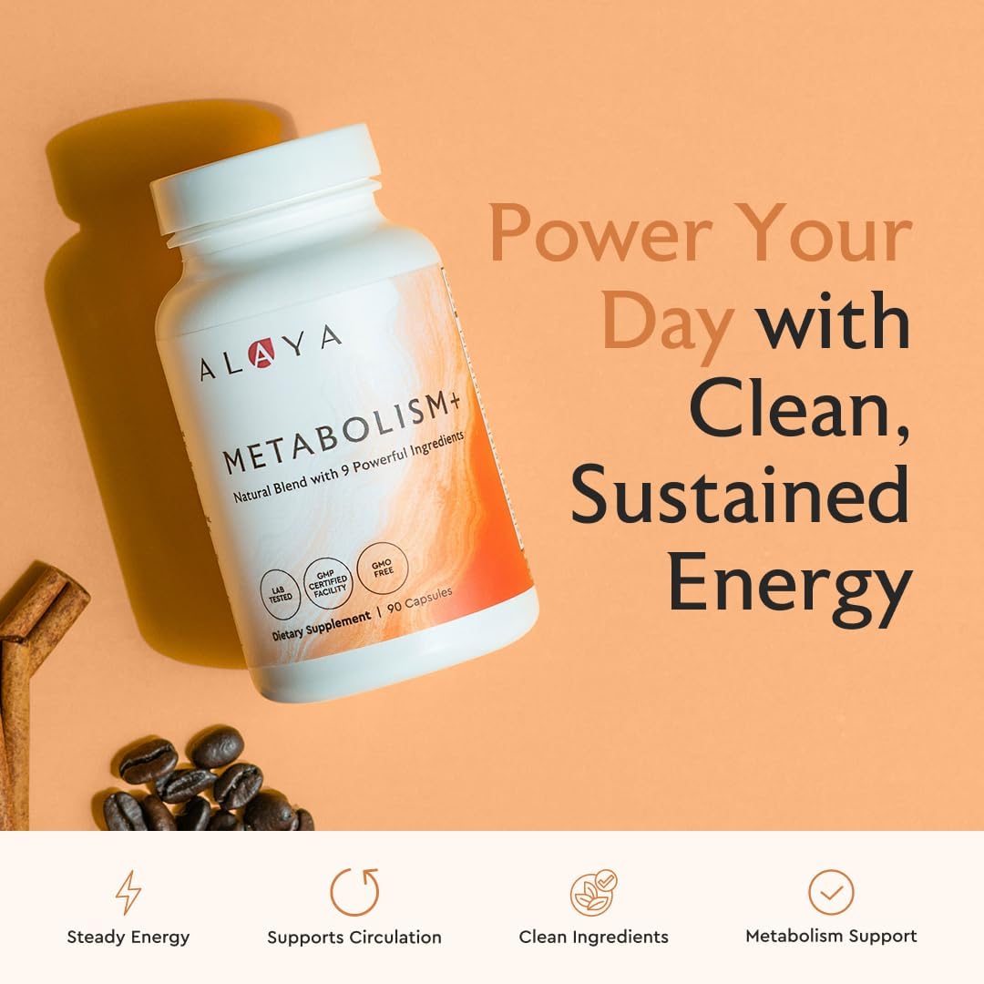 Alaya Naturals Metabolism+, Natural Energy with Green Tea, Cinnamon, Beet Root, Caffeine, Non-GMO – 90 Capsules - görsel 2