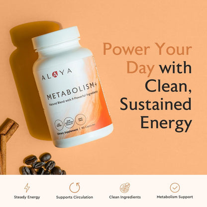 Alaya Naturals Metabolism+, Natural Energy with Green Tea, Cinnamon, Beet Root, Caffeine, Non-GMO – 90 Capsules