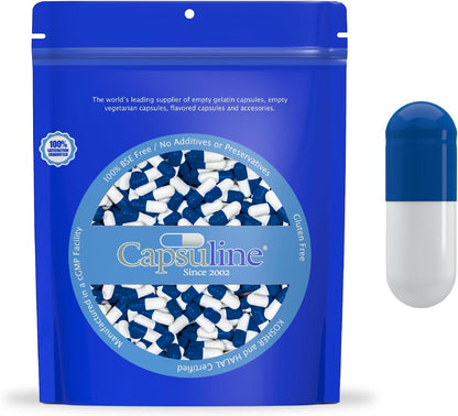 Capsuline Gelatine Capsules Size 00 - Empty, Kosher, Pure Bovine, Gluten-Free - 1000 Count, Blue/White