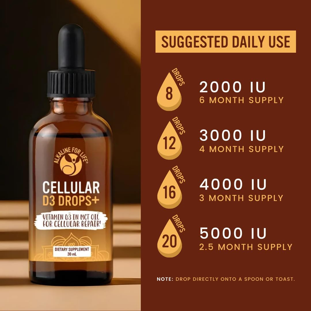 Alkaline for Life Cellular D3 Drops+, Liquid Vitamin D3 in MCT Oil, 250 IU per Drop, 500 to 5000 IU Flexible Dosage, Sublingual or Mix Into Drinks, Gluten-free, 30 ml - görsel 3