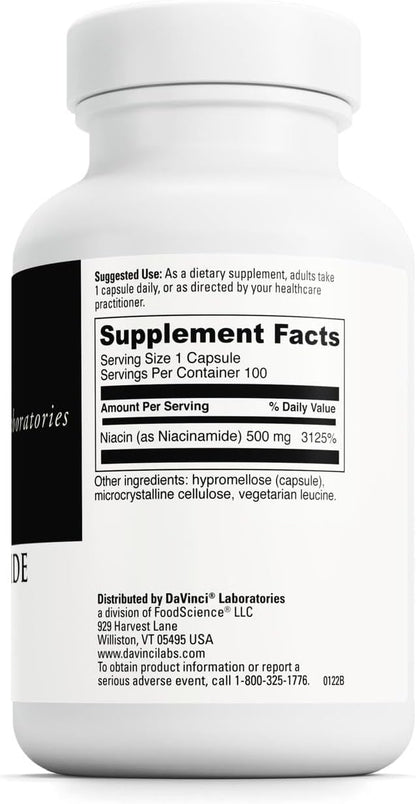 Davinci Labs Niacinamide 500 mg – Vitamin B3 Food Supplement, 100 Vegetarian Capsules