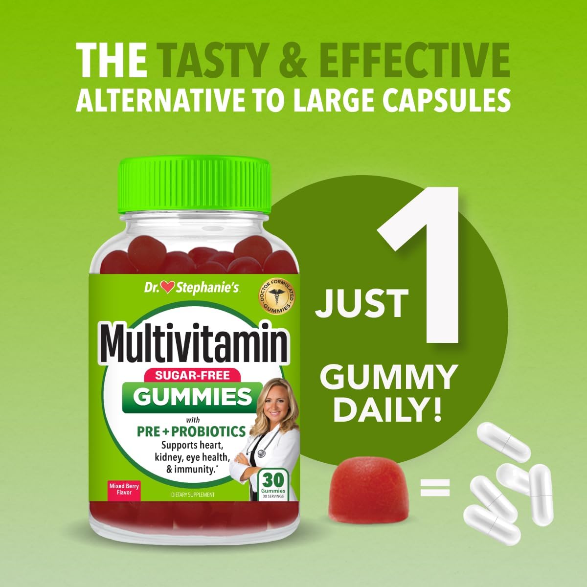 Dr. Stephanie's Multivitamin Gummies - Sugar-Free with Prebiotics and Probiotics - Daily Support for Eyes, Kidneys, Liver, Heart, and Digestive Health - Mixed Berry Flavour - görsel 2