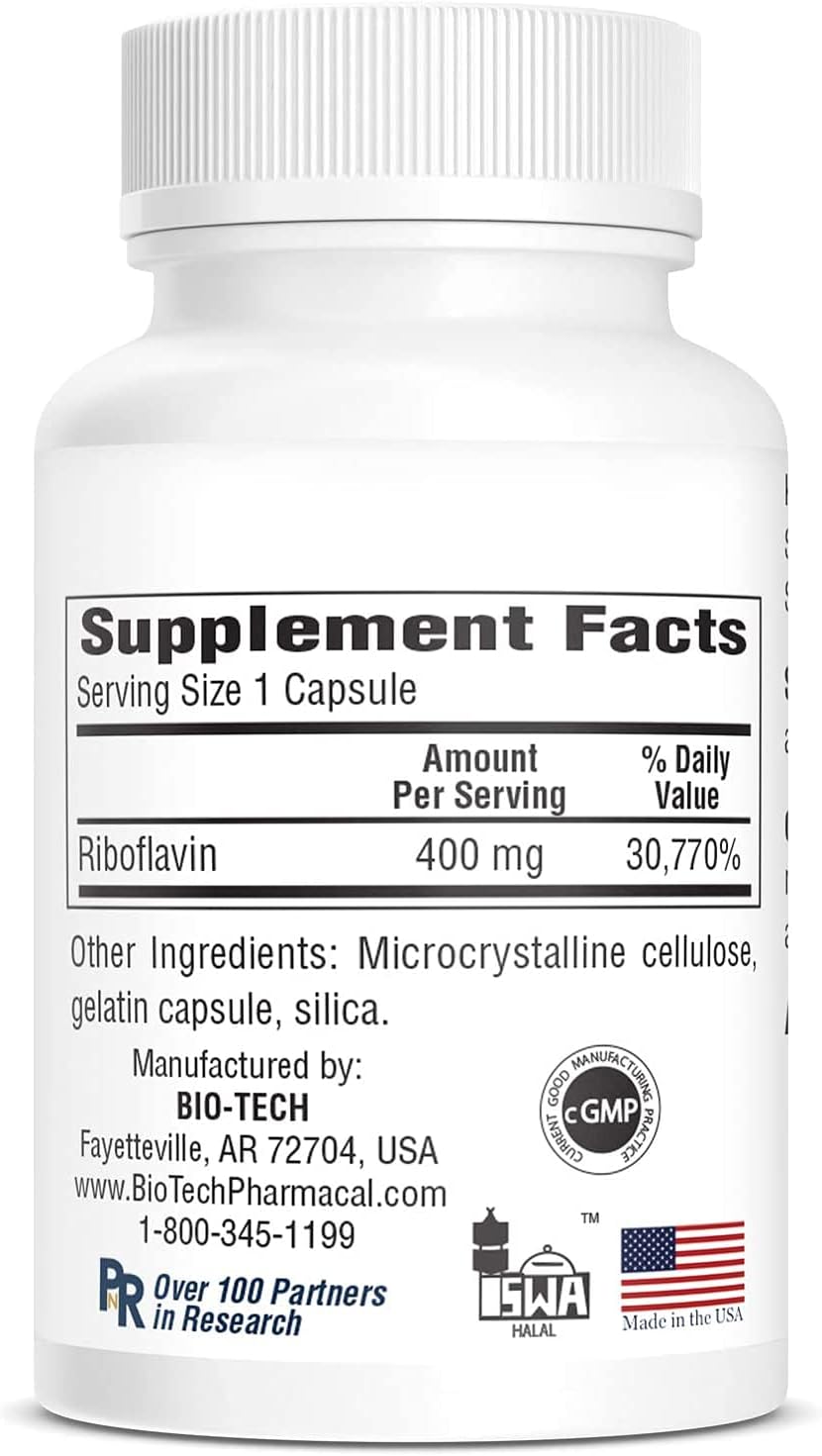 Bio-Tech Pharmacal B2-400, 100 Capsules – High-Purity Riboflavin – Supports Normal Energy Metabolism and Nervous System Function – Allergen-Free, Non-GMO – No Artificial Colours - görsel 4