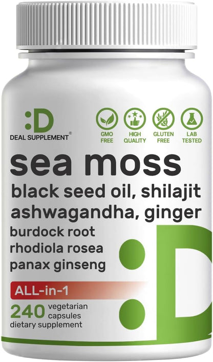 DEAL SUPPLEMENT Irish Sea Moss 240 Veggie Capsules – 14-Superfood Complex with Black Seed Oil, Ashwagandha and Ginger