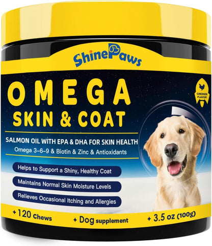 SHINEPAWS Omega-3 Fish Oil for Dogs – Chicken Flavoured Chews with EPA, DHA, Zinc & Biotin (120 Count)