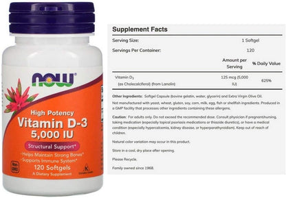 NOW Foods Vitamin D3 5000 IU Softgels, 120 Capsules