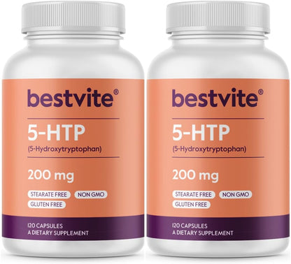 BESTVITE 5-HTP 200mg per Capsule - 240 Capsules - Pure Griffonia Extract, No Stearates, Gluten-Free, Non-GMO