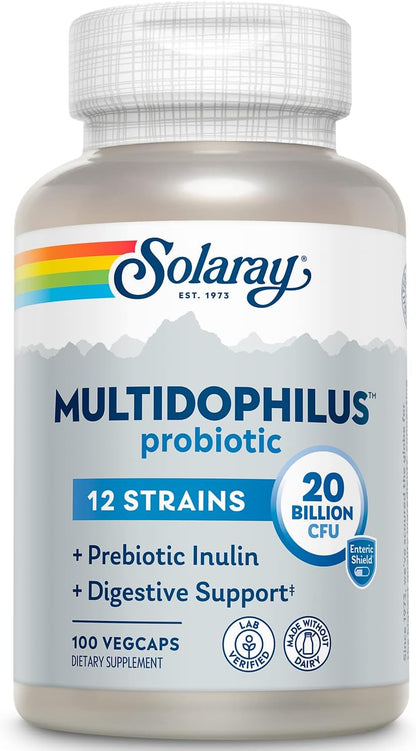 SOLARAY Multidophilus 12 Strain Probiotic 20 Billion CFU - Digestive Health & Gut Support with Prebiotic Inulin, Dairy-Free, 50 Enteric-Coated Veg Capsules