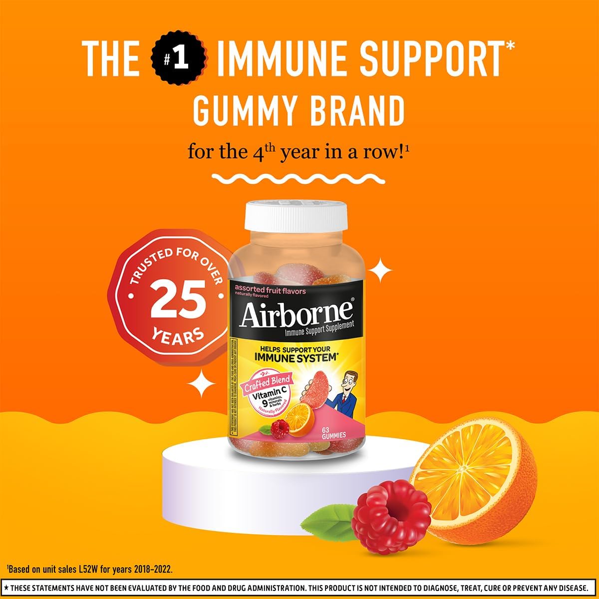Airborne 750mg Vitamin C Immune Support Gummies, Assorted Fruit Flavour, 63 Gummies (Pack of 3) - görsel 9