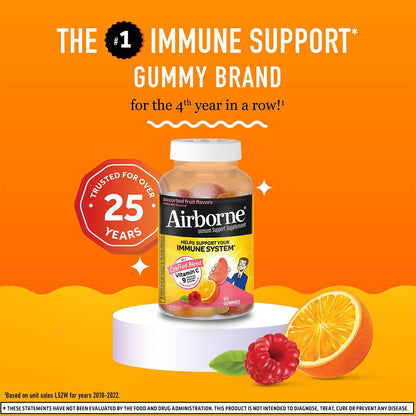 Airborne 750mg Vitamin C Immune Support Gummies, Assorted Fruit Flavour, 63 Gummies (Pack of 3)