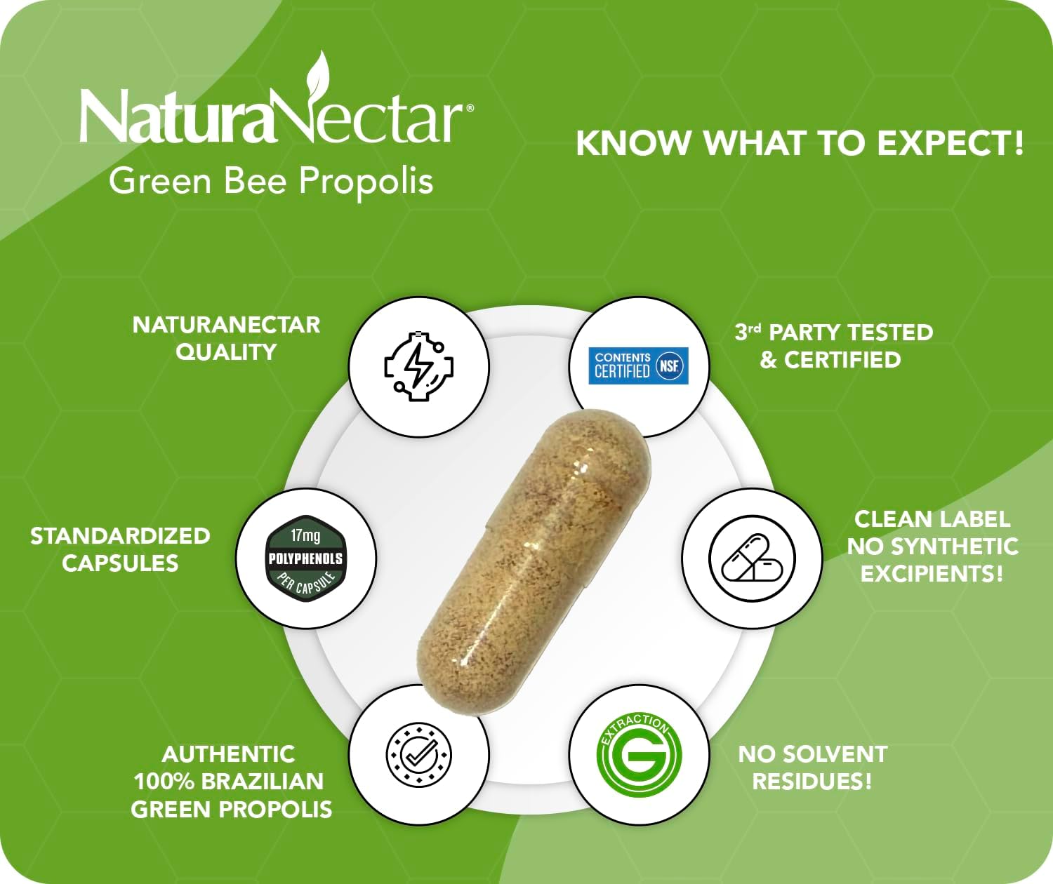 NaturaNectar Green Bee Propolis Capsules - NSF Certified Brazilian Green Propolis, 90 Capsules - görsel 3