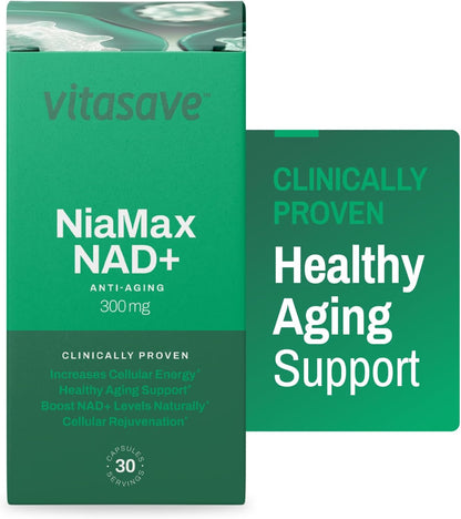 Vitasave NiaMax NAD+ Supplement – 300mg Niacinamide Riboside – High-Potency NAD+ Precursor – Vegan, Non-GMO, Gluten-free (30 Capsules)