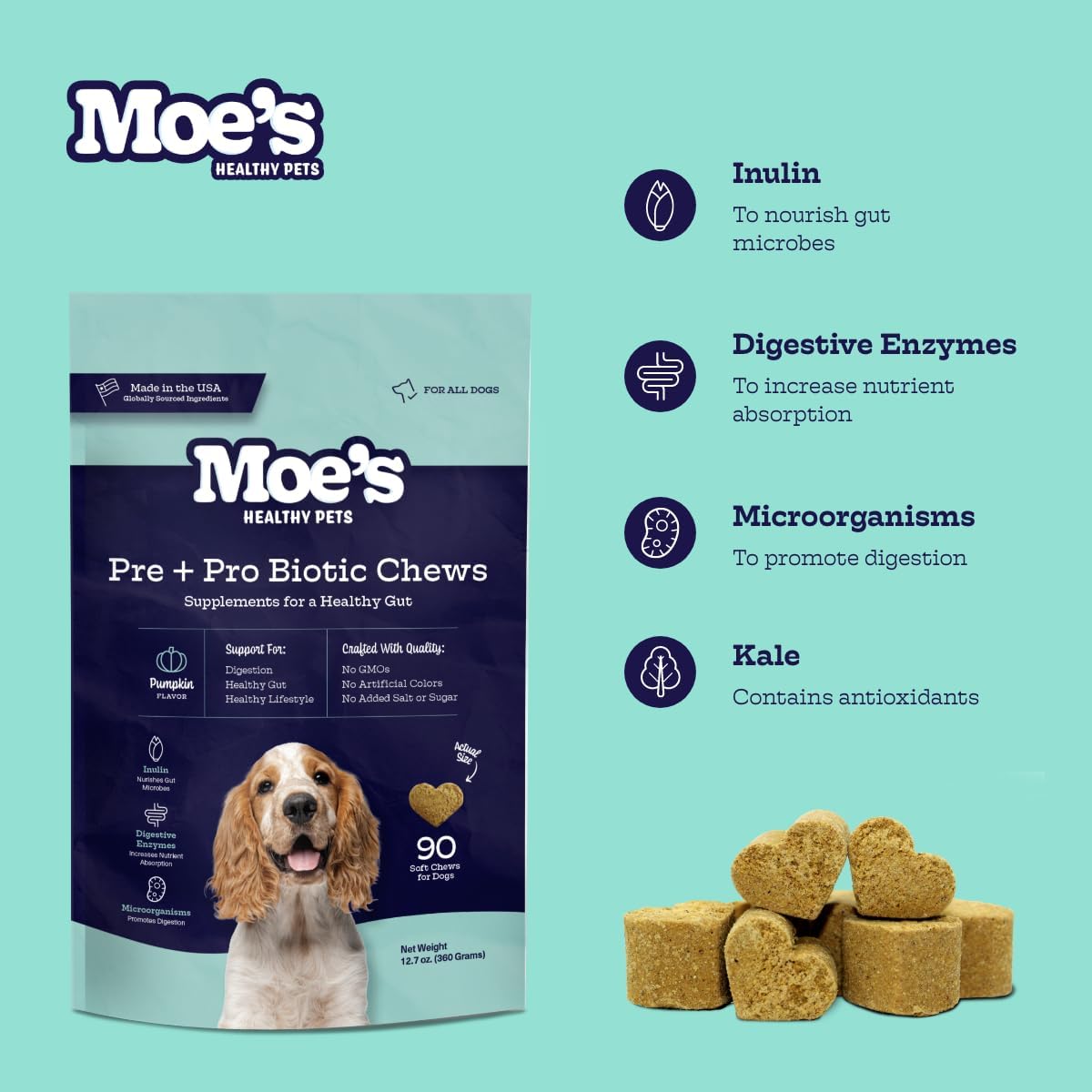 Moe's Probiotic Chews for Dogs 90ct – Pumpkin Flavour Prebiotics & Probiotics for Gut Health, Digestion, Immunity and Itchy Skin Relief - görsel 2