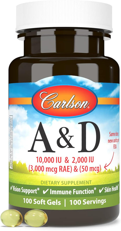 Carlson A & D, 10000 IU (3000 mcg RAE) Vitamin A & 5000 IU (125 mcg) Vitamin D3, Vision and Bone Support, 100 Softgels