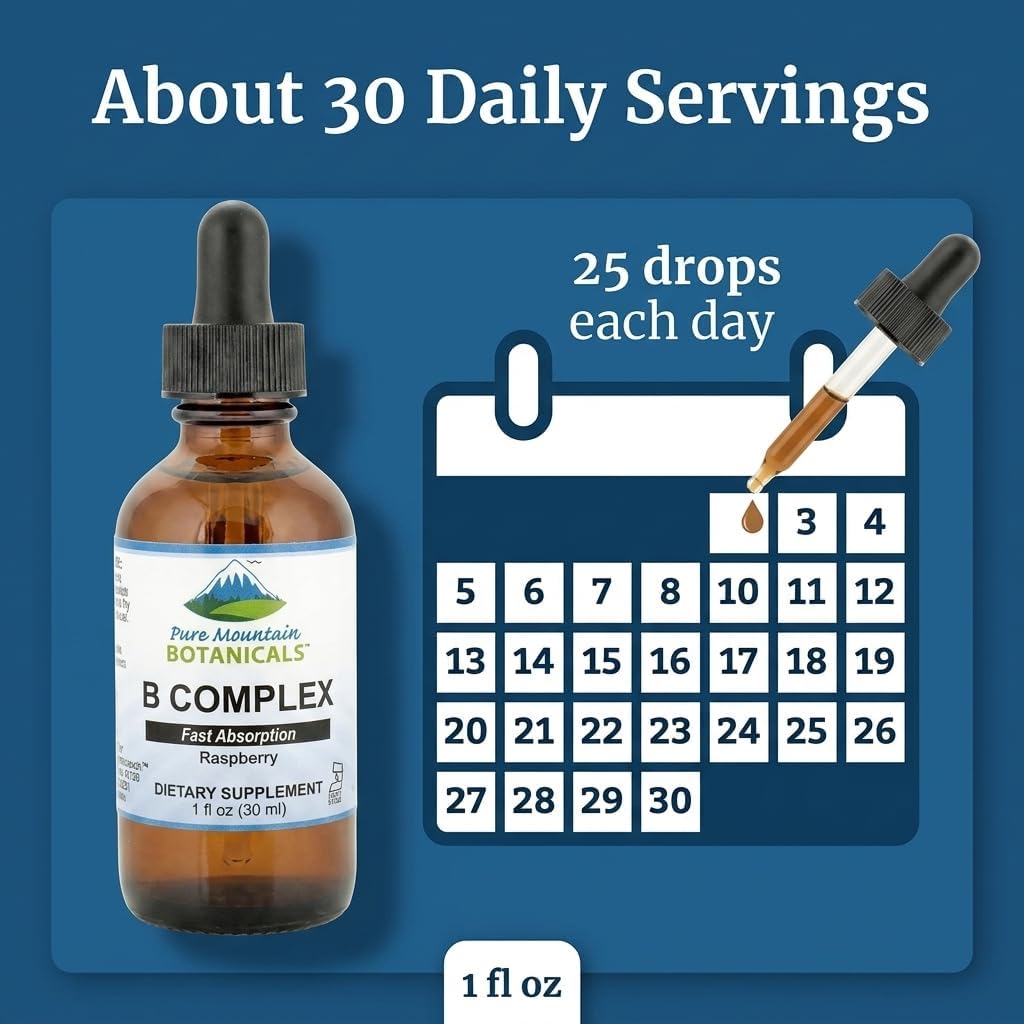 Pure Mountain Botanicals Liquid Vitamin B Complex - B12 B6 Drops - Raspberry Flavour - Kosher Non-GMO - 30 Servings - görsel 5