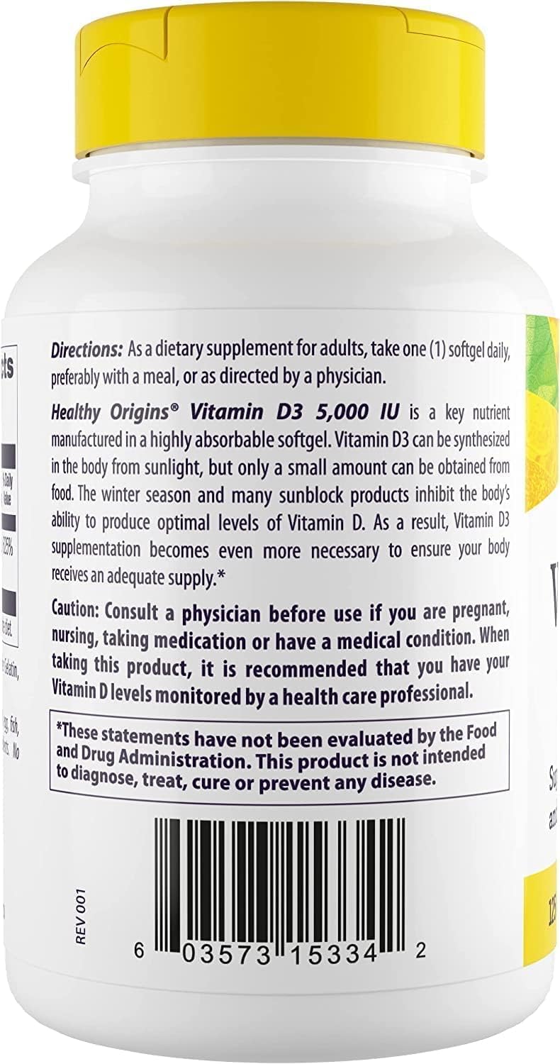 Healthy Origins Vitamin D3 5,000 IU – High Potency Softgels for Immune & Bone Support, Non-GM, Gluten Free, 120 Count - görsel 3