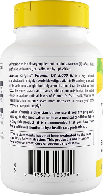 Healthy Origins Vitamin D3 5,000 IU – High Potency Softgels for Immune & Bone Support, Non-GM, Gluten Free, 120 Count