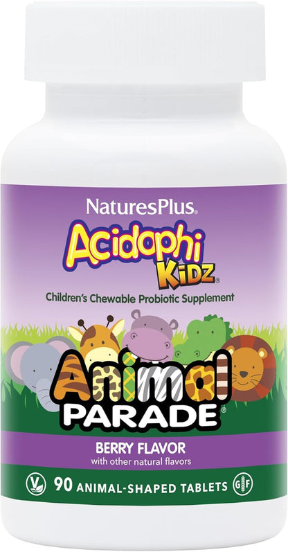 NaturesPlus Animal Parade AcidophiKidz - Berry Flavour - 90 Chewable Tablets - Children's Probiotic with FOS & Grape Seed