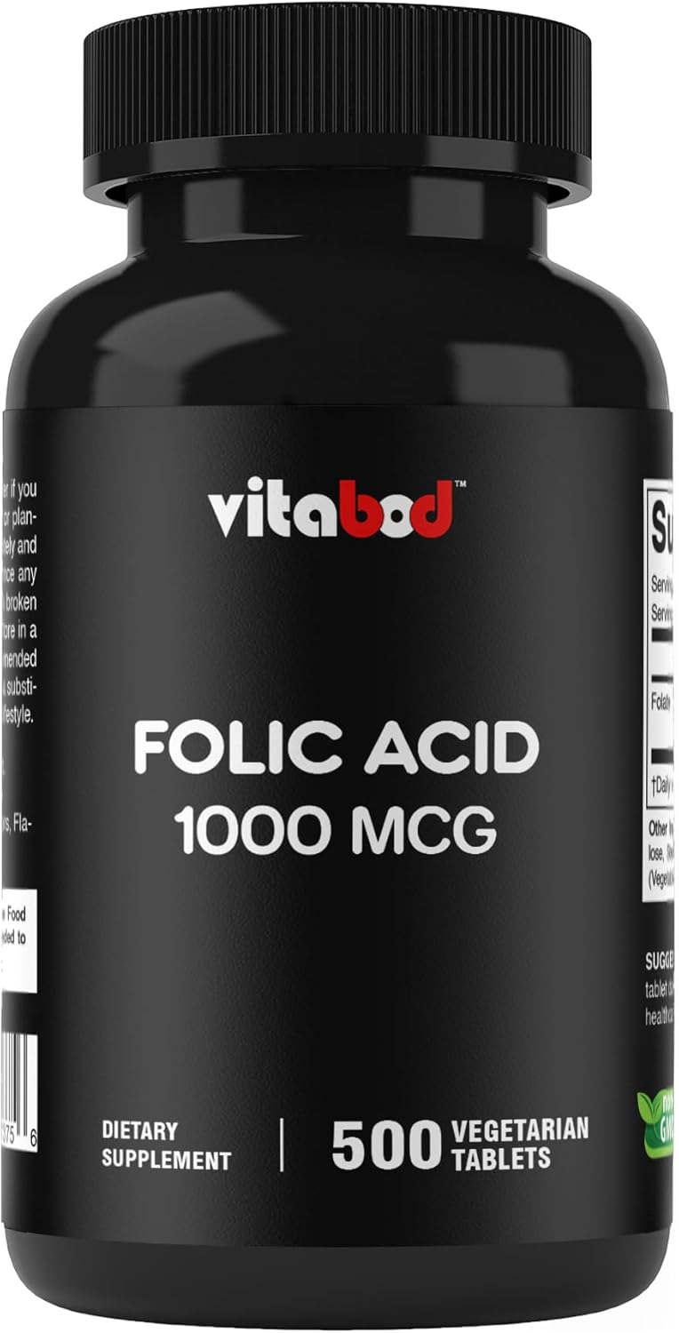 Vitabod Folic Acid 1 mg (1000 mcg) - 500 Vegetarian Tablets - Prenatal and Postnatal Supplement - görsel 1
