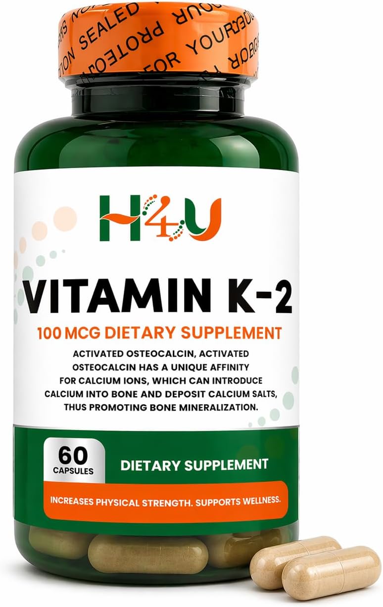 H4U Vitamin K2 MK-7 100 mcg – 60 Veggie Capsules – Supports Bone & Heart Health - görsel 1