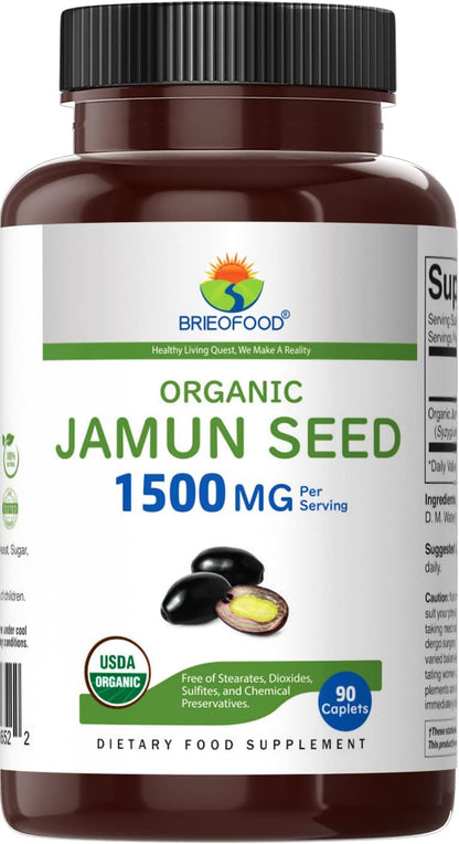 Brieofood Organic Jamun Seed 1500mg, 90 Vegetarian Tablets, Gluten-free