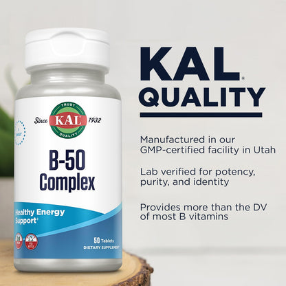 KAL B 50 Complex - B Vitamin Supplement for Energy and Metabolism, 50 Tablets