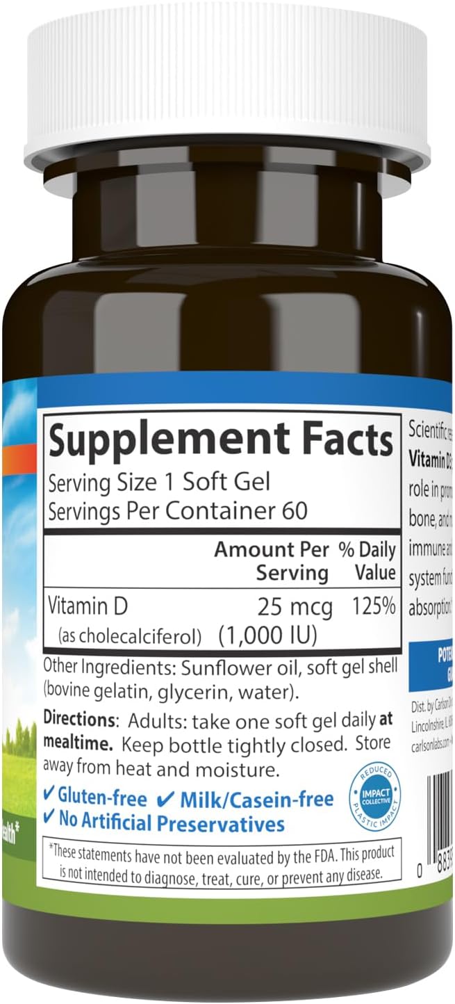 Carlson Vitamin D3, 1000 IU (25 mcg), Bone Health, Muscle Health, Cholecalciferol, Vitamin D Supplements, Vitamin D3 Soft Gels, 60 Softgels - görsel 2