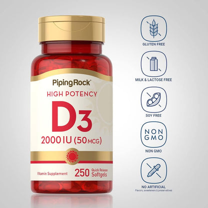 Piping Rock Vitamin D3 2000 IU | 250 Softgels | High Potency | Cholecalciferol Supplement | Non-GMO, Gluten-free