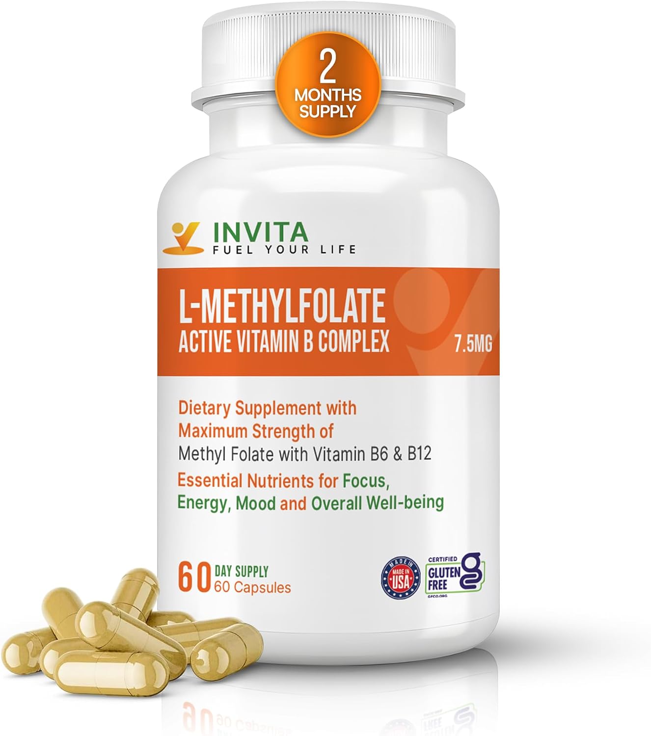INVITA L-Methylfolate 7.5 mg + Active Vitamin B Complex – 60 Capsules - görsel 1