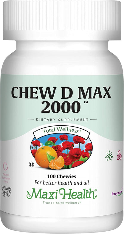 Maxi Health Chewable Vitamin D3 2000 IU Supplement - Delicious Natural Bubble Gum Flavour - Supports Normal Calcium Absorption, Immune Function and Bone Health