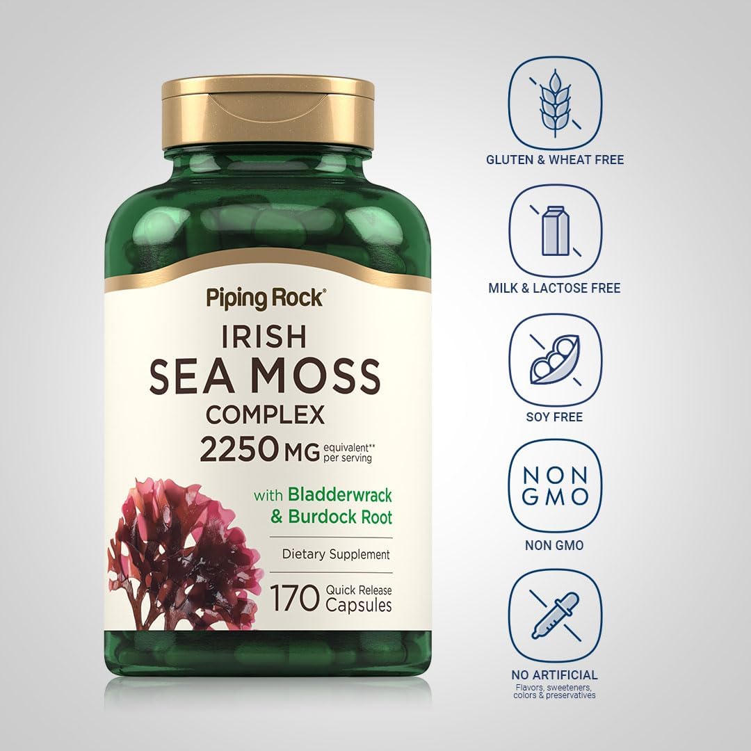 Piping Rock Irish Sea Moss Capsules | 170 Capsules | Complex with Bladderwrack & Burdock Root | Non-GM, Gluten-free Supplement - görsel 3