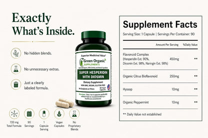 Green Organic Supplements Super Hesperidin with Diosmin, Narangin Hand Made, Non-GMO, Vegan & Gluten-free