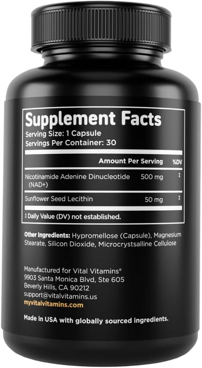 Vital Vitamins NAD+ Supplement - 500mg Liposomal NAD+ for Cellular Energy & Healthy Ageing - 30-Day Supply