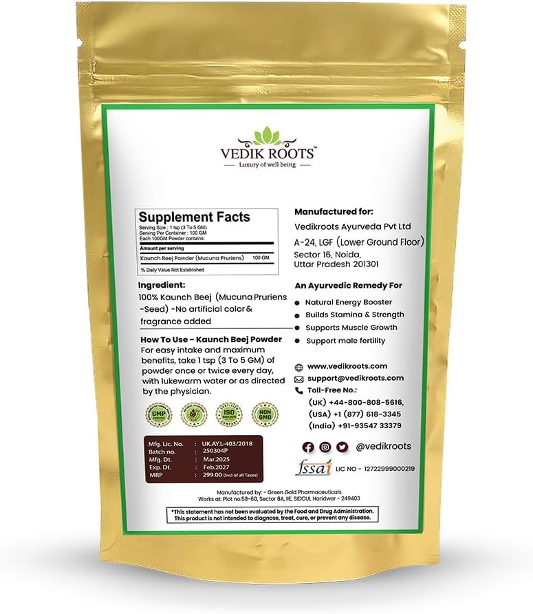 VEDIKROOTS Kaunch Beej Powder – Pure Mucuna Pruriens Seed Powder (100g) - görsel 2