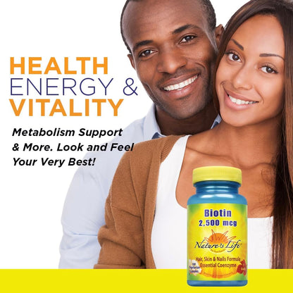 Nature's Life Biotin 2500mcg – Hair, Skin & Nail Health Support, Non-GMO, 100 Veggie Capsules