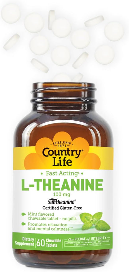 Country Life L-Theanine 100mg Fast-Acting Chewable Tablets, Mint Flavour, 60 Tablets