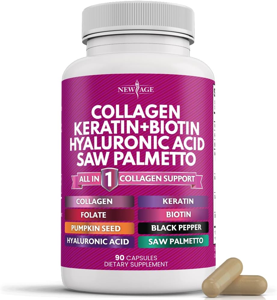 NEW AGE Collagen Capsules with Biotin, Keratin, Saw Palmetto, Hyaluronic Acid, Vitamin E, Folic Acid, Pumpkin Seed, MSM (Pack of 2, 180 Capsules) - görsel 10