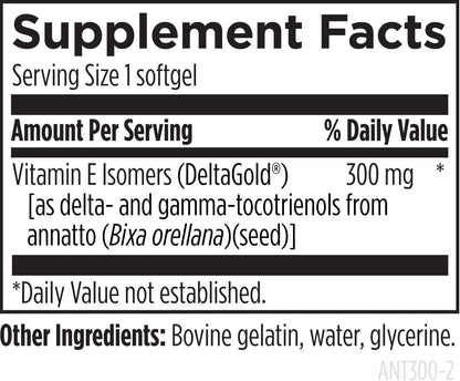 Designs for Health Annatto-E 300 mg Tocotrienols - DeltaGold Vitamin E Complex Supplement with Delta + Gamma Tocotrienols - Cardiovascular, Healthy Ageing + Antioxidant Support - Non-GMO (30 Softgels)