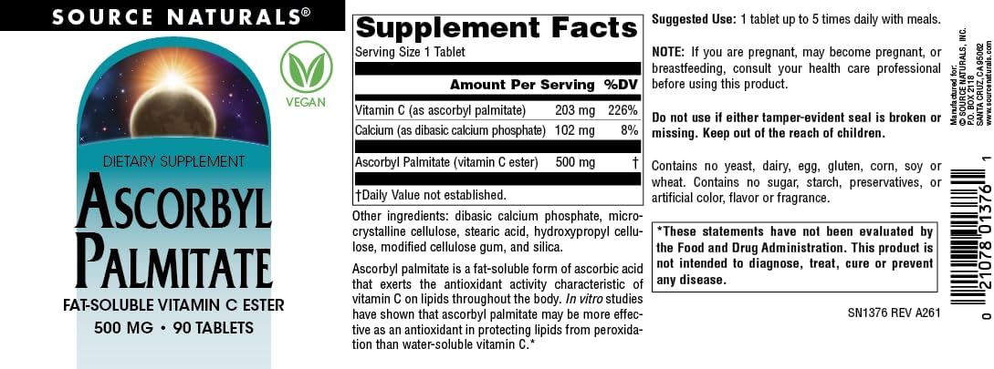 Source Naturals Ascorbyl Palmitate 500mg – Fat-Soluble Vitamin C Ester Food Supplement (90 Tablets) - görsel 4