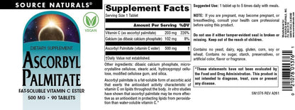 Source Naturals Ascorbyl Palmitate 500mg – Fat-Soluble Vitamin C Ester Food Supplement (90 Tablets)