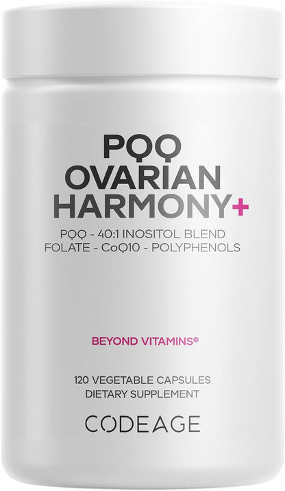 Codeage PQQ Ovarian Harmony+ Food Supplement - PQQ (Pyrroloquinoline Quinone), Myo-Inositol & D-Chiro-Inositol 40:1 Blend, Folate 5-MTHF, CoQ10, Wild Blueberry - Liposomal Delivery - Non-GMO - 120 Capsules
