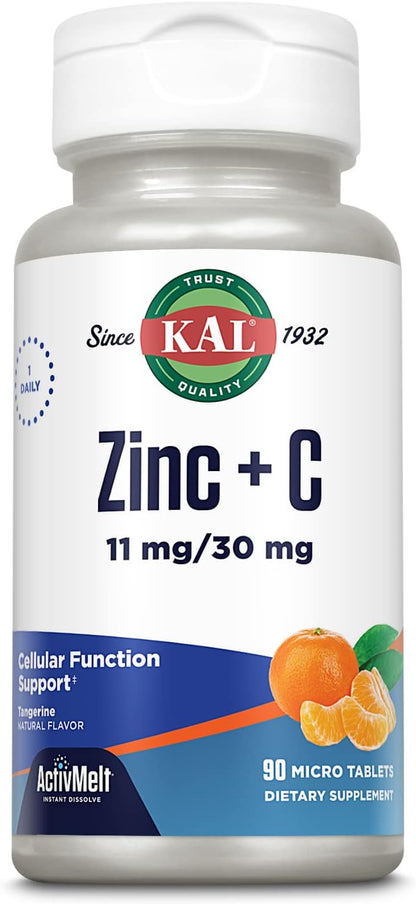 KAL Zinc Plus C ActivMelt - Instant Dissolve Vitamin C and Zinc, Immune Support, Natural Tangerine Flavour, 90 Micro Tablets