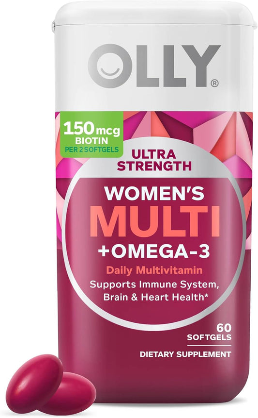 OLLY Ultra Strength Women's Multi Softgels, Omega-3s, Iron, Vitamins A, D, C, E, B12, Daily Multivitamin, 30 Day Supply - 60 Count
