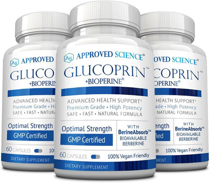 Approved Science Glucoprin – 250 mg Berberine Complex with Mulberry, Cinnamon & BioPerine – 60 Vegan Capsules (Pack of 3)