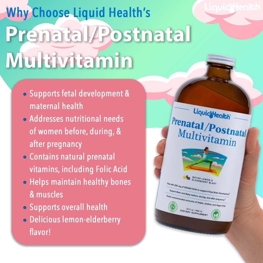 LIQUIDHEALTH Prenatal/Postnatal Liquid Multivitamin with Real Folate - Made in the USA, Vegan, Sugar-Free, Non-GMO (2 Pack) - görsel 3