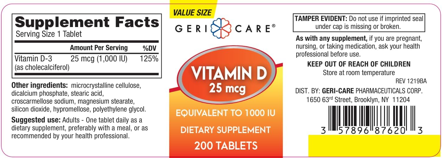GeriCare Vitamin D-3 25 mcg (1,000 IU) – Supports Normal Bones, Immune System & Muscle Function – 200 Tablets - görsel 7