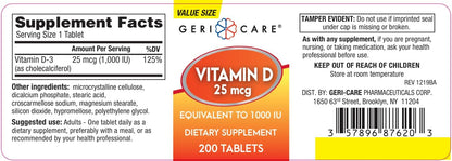 GeriCare Vitamin D-3 25 mcg (1,000 IU) – Supports Normal Bones, Immune System & Muscle Function – 200 Tablets