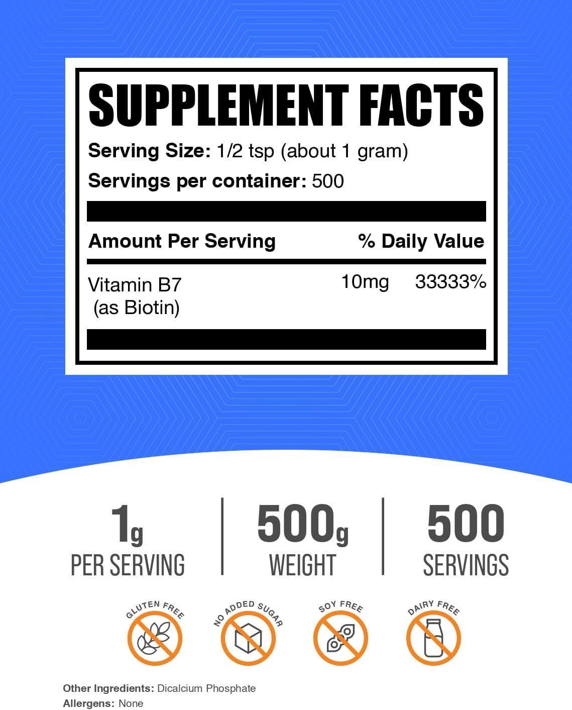 BulkSupplements Biotin 10000mcg Powder - Vitamin B7 for Hair, Skin and Nails - Gluten-free, 500g - görsel 2