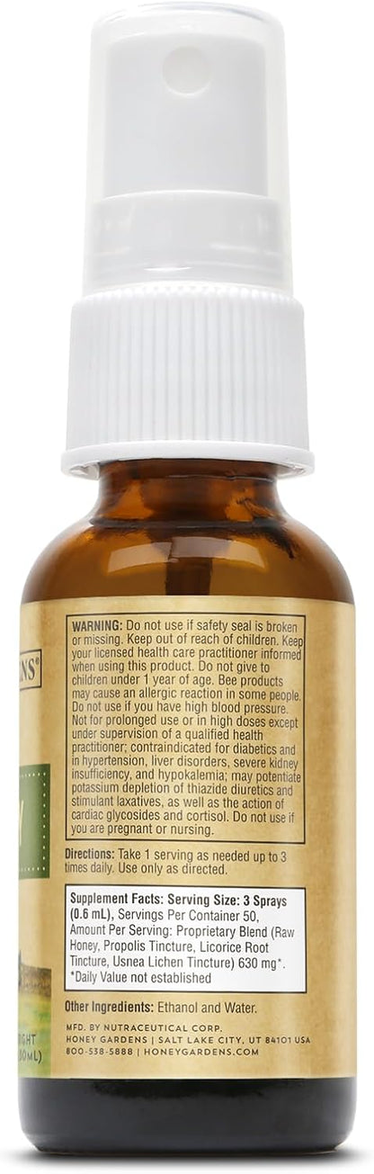 Honey Gardens Bee Propolis Throat Spray with Apitherapy Raw Honey, Liquorice Root and Usnea - 50 Servings, 30 ml